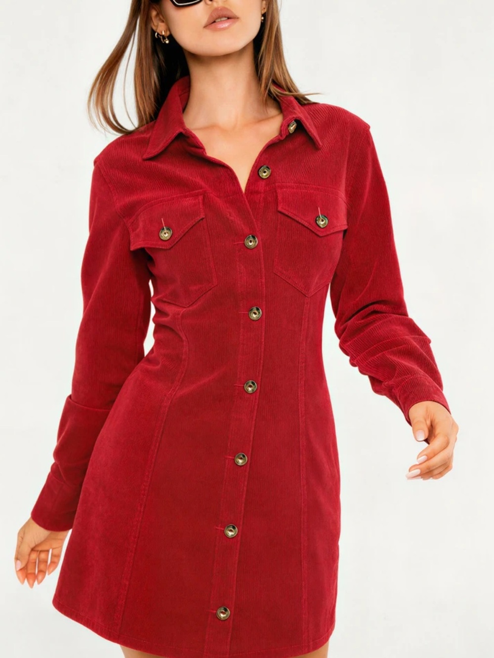 Button-Front Red Corduroy Shirt Dress